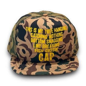 Vintage Funny Fishing Camo 1990s Trucker Cap Snapback Hat