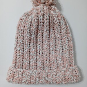 Crochet Adult Pink and white Beanie with Pom Pom