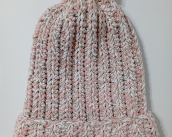 Crochet Adult Pink and white Beanie with Pom Pom