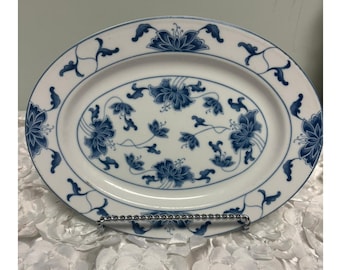 Vintage Tatung Durable China Blue Water Lily Oval Serving Platter #0517 Taiwan