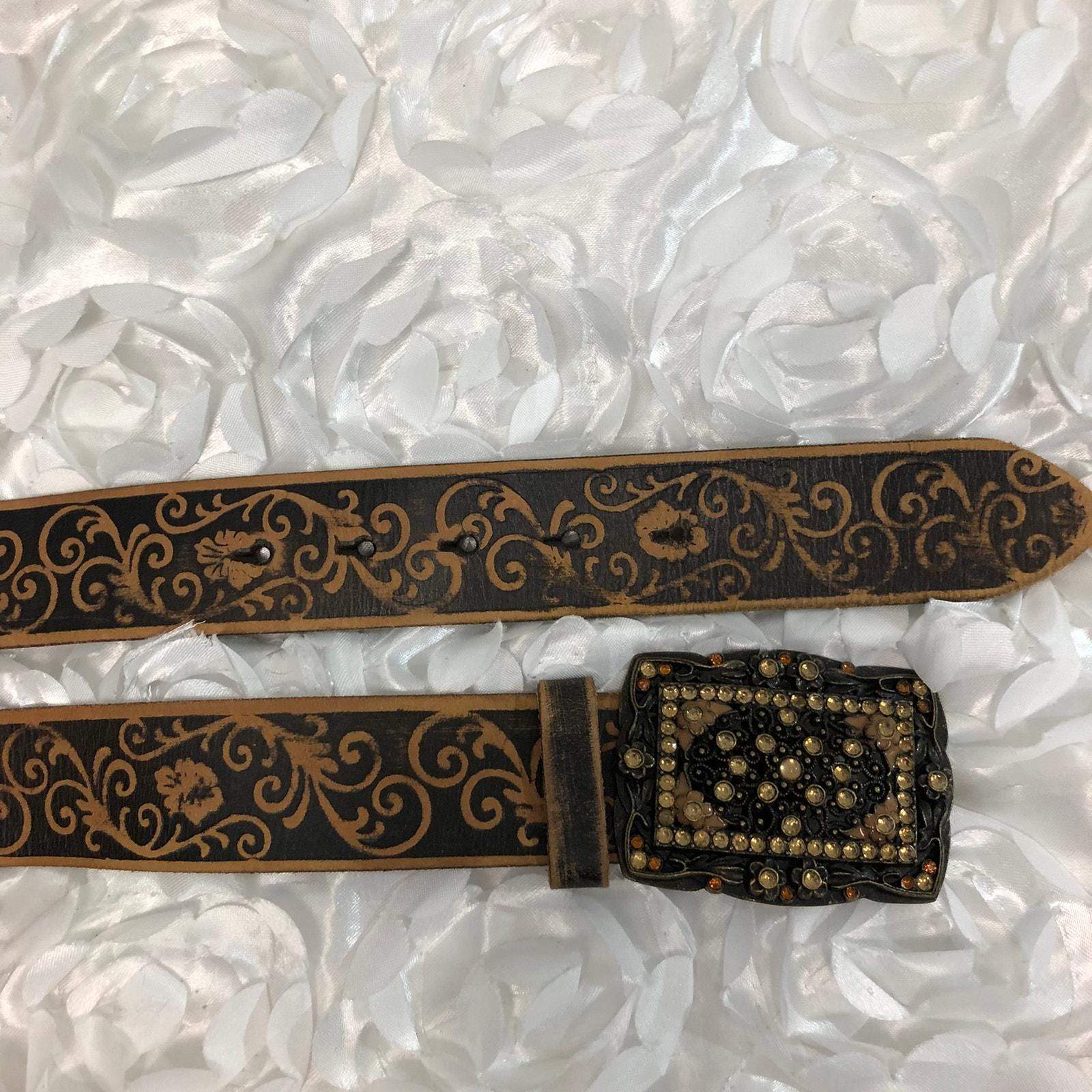 Olga Santini genuine brown leather western belt with large jeweled buckle, M Women main image 2
