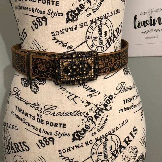 Olga Santini Brown Western Tooled Leather Belt With Jeweled  display picture 2
