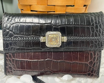 Brighton Dark Brown/Black Croc Embossed Print Leather Snap Wallet  with Strap