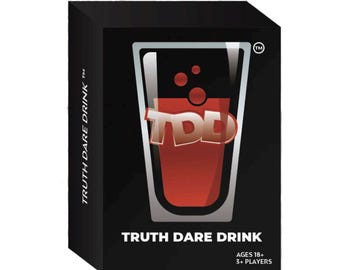 May include: A black rectangular game box featuring a graphic of a glass filled with red liquid and bubbles. The text TDD is centered on the glass. The box displays the text TRUTH DARE DRINK, TM, AGES 18+, and 3+ PLAYERS in white lettering.