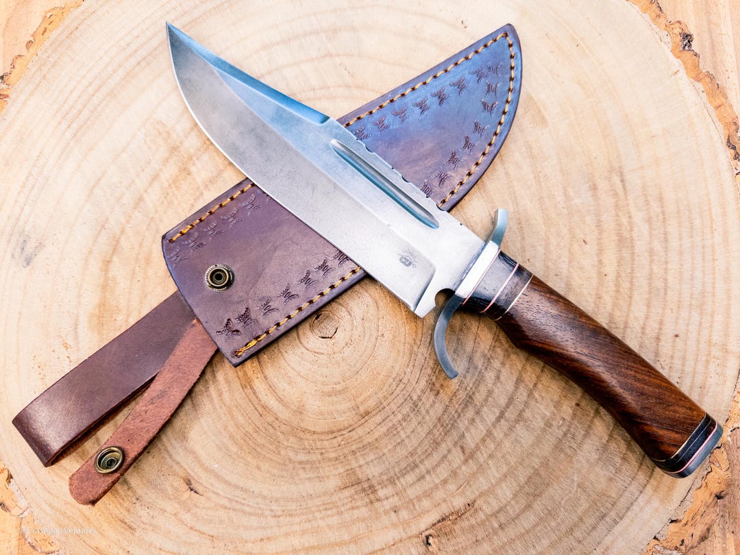 Handmade 1095 Steel Bowie Hunting Knife: Walnut Handle, Leather