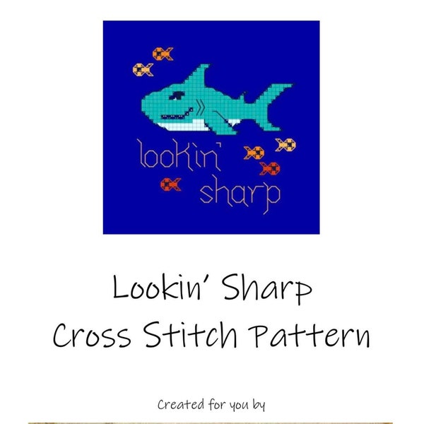 Lookin' Sharp PDF Download Cross Stitch Pattern, Shark Xstitch, Intermediate Cross Stitch Pattern, Ocean Cross Stitch, Under the Sea Design