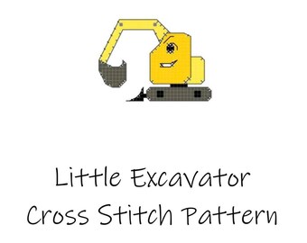 Può includere: Uno schema digitale a punto croce raffigurante un escavatore giallo in stile cartoon con un volto sorridente. Il testo recita Little Excavator Cross Stitch Pattern, Created for you by The NERDy MAMA's CRAFT CORNER, con link al negozio.