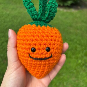 May include: A handmade, orange crochet carrot with a green top and a smiling face. The carrot is held in a hand against a blurred green background. The carrot is a whimsical, handcrafted item.