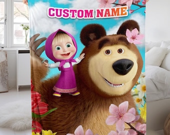 Personalized Masha and the Bear Blanket, Bear Lover Blanket, Birthday Blanket, Cute Bear Blanket, Marsha Bear  Cute Cartoon Blanket D1IH12