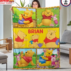 Personalized Winnie The Pooh Velvet Blanket, Pooh and Friends Blanket, Disney Pooh Bear Characters Blanket, Disney Cartoon Blanket NEUM11