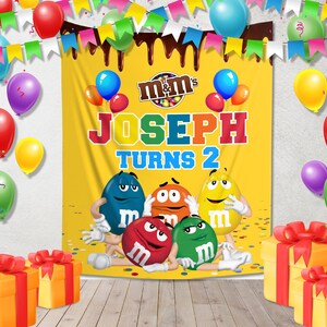 M&M Candy Family Birthday Backdrop/M and M Candy Birthday Banner/M and M Candy Backdrop/Custom M and M Candy Birthday Backdrop BYJP07