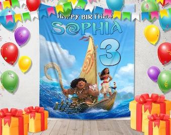 Moana Birthday Theme Backdrop, Custom Moana Birthday Girl Banner, Kids Birthday Decor, Moana Banner, Personalized Birthday Backdrop JCLP15