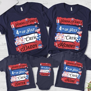 May include: Set of five navy blue t-shirts with red, white, and blue 4th of July themed graphics. The shirts feature the text "Johns Family 4th of July Crew" with different roles for each shirt: Daddy, Mommy, Sister, Brother, and Name.