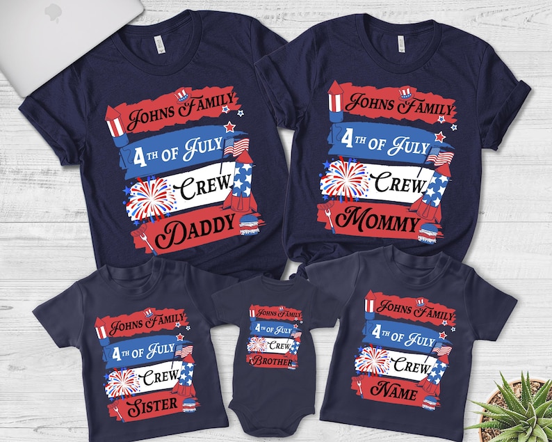 May include: Set of five navy blue t-shirts with red, white, and blue 4th of July themed graphics. The shirts feature the text "Johns Family 4th of July Crew" with different roles for each shirt: Daddy, Mommy, Sister, Brother, and Name.