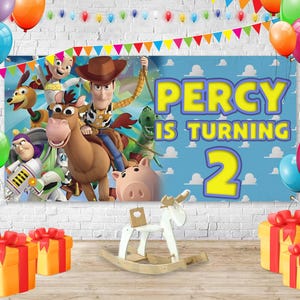 Toy Story Birthday Banner, Custom Toy Story Party Backdrop, Woody and Buzz Birthday Decoration, Pixar Movie Kids Party Decor Sign NGQ213
