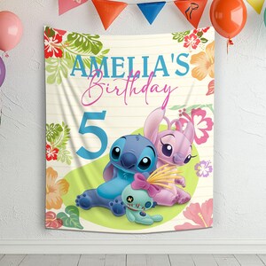Stitch and Angel Party Backdrop | Personalized Lilo and Stitch Birthday Banner | Cute Disney Themed Birthday Decoration & Gift JCLV04