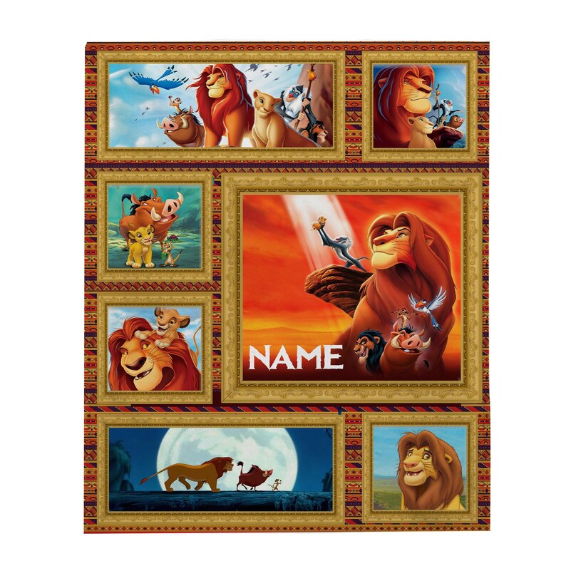 May include: A colorful collage of images from the Lion King movie. The collage features various scenes from the movie, including Simba as a cub, Simba as an adult, and Mufasa. The collage also includes the text "NAME".