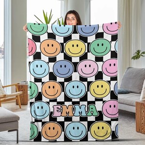 Groovy Smile Face Blanket, Velveteen Plush Blanket, Parade Blanket, Gift for College Dorm, Kids Blankets, Boho Fleece BXLE32