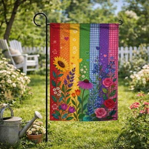 May include: A rectangular garden flag featuring vertical rainbow stripes with varying patterns including gingham and dots. The design displays a colorful arrangement of sunflowers, daisies, purple coneflowers, blue delphiniums, and pink roses.