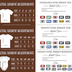 K&ouml;nnte beinhalten: Eine Tabelle mit den tats&auml;chlichen Kleidungsma&szlig;en f&uuml;r T-Shirts und Bodys f&uuml;r Kleinkinder und Babys von Rabbit Skins. Die Tabelle enth&auml;lt Gr&ouml;&szlig;en, Breite und L&auml;nge in Zoll. Die Tabelle enth&auml;lt auch eine Farbtabelle mit verschiedenen Farben f&uuml;r die T-Shirts und Bodys.