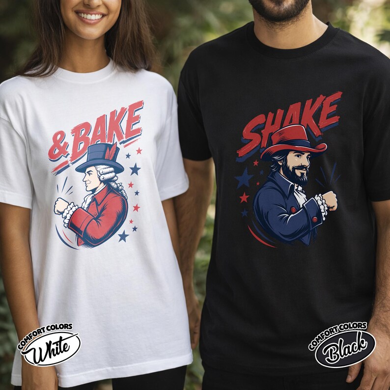 May include: A white t-shirt featuring a graphic of a historical figure in a red coat and blue hat with the text & BAKE, and a black t-shirt featuring a graphic of a bearded figure in a blue coat and red hat with the text SHAKE, both with stars.