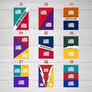 May include: Nine colorful graphic designs with the text "LOGO HERE" in white. Some designs include the text "HOUSE DIVIDED" in white. The designs feature various color combinations, including teal, red, purple, yellow, and orange.