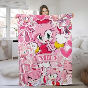 Custom Amy The Hedgehog Blanket, Personalized Cartoon Hedgehog Minky Sherpa Blanket, Custom Name Blanket, Sonic Blanket, Birthday NGUJ14