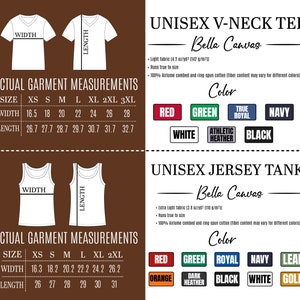 K&ouml;nnte beinhalten: Eine Gr&ouml;&szlig;entabelle f&uuml;r Unisex-V-Ausschnitt-T-Shirts und Jersey-Tanks von Bella Canvas. Die Tabelle zeigt die Breite und L&auml;nge in Zoll f&uuml;r jede Gr&ouml;&szlig;e von XS bis 3XL. Die Tabelle enth&auml;lt auch eine Farbtabelle mit verschiedenen Farben, die f&uuml;r jeden Stil verf&uuml;gbar sind.