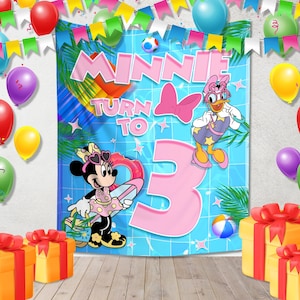 Minnie & Daisy Birthday Pool Party Banner – Custom Name and Age Summer Backdrop – JCMS18