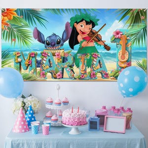 Personalized 3D Stitch Birthday Banner, Stitch & Angel Banner, Custom Stitch And Angel Birthday Backdrop, Backdrop, Lilo Stitch C1GW16