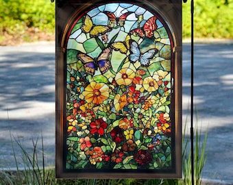 Floral and Butterfly Sanctuary Spring Garden Flag,Spring Summer Garden Flag Seasonal Rustic Outdoor Decor,Gormcore Timeless Stained NGNW01