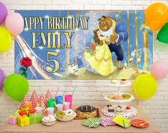 thumbnail interactive-video image 1 of Princess Belle Birthday Party Decoration Kit – Balloons, Plates, Banner & More 1 of 3