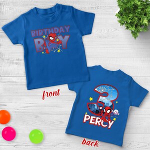Custom 2-Sided Spidey Birthday Shirt,Personalized Spider Theme Tee with Age & Name,Kids Superhero Party Shirt, Family Matching Tee JCLF03