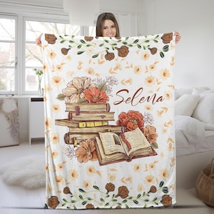 Personalized Floral Book Blanket, Custom Books & Name Library Gift for Book Lover, Favorite Book Blanket, Bookish Reader Birthday Gift Decor