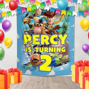 Toy Story Birthday Banner, Custom Toy Story Party Backdrop, Woody and Buzz Birthday Decoration, Pixar Movie Kids Party Decor Sign NGQ213