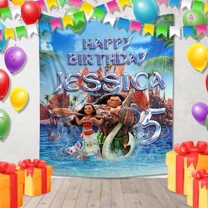 Disney Moana Personalized Birthday Backdrop, Custom Disney Moana Birthday Banner, Kids Birthday Backdrop,Moana Maui Oceana Adventure JCLW09