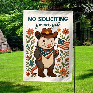Funny No Soliciting Garden Flag, No Soliciting Yard Sign, Go Away Flag, Funny Yard Flag,Cowboy Possum Yard Decor G5M107