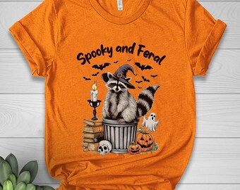 Retro Spooky and Feral Funny Raccoon Halloween Tee, Funny Witch Animal Tee, Cute Creepy for Fall, Raccoon Witch Spooky Season Shirt JCOH20