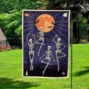 May include: Halloween garden flag featuring dancing skeletons with the text "FUCK TRUMP" on their bones. The design includes a full moon, bats, a pumpkin, a ghost, a black cat, a candle, and a spider, all set against a dark purple background.