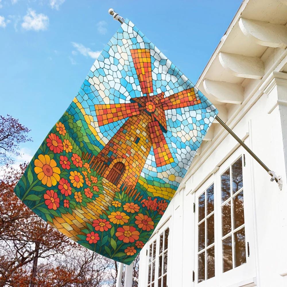 Stained Glass Windmill and Flower Field Garden Flag, Stained Glass