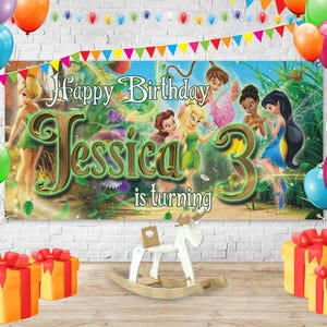 Tinkerbell Birthday Banner, Personalized Tinkerbell Party Backdrop, Fairy Garden Theme Birthday Decoration Disney Fairy Birthday Sign NGQ214