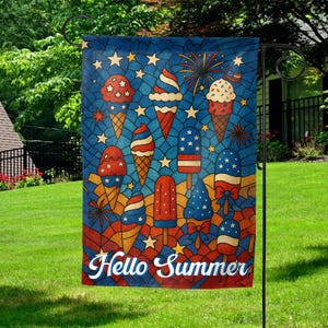 4th of July Ice Cream Garden Flags, Stained Glass Outdoor Decor, Patriotic Summer Flag, Independence Day Decor, Fun Summer Flag NGRK19