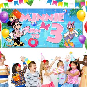 Minnie & Daisy Birthday Pool Party Banner – Custom Name and Age Summer Backdrop – JCMS18