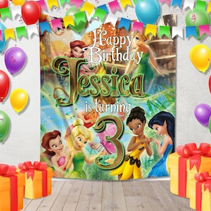 Tinkerbell Birthday Banner, Personalized Tinkerbell Party Backdrop, Fairy Garden Theme Birthday Decoration Disney Fairy Birthday Sign NGQ214