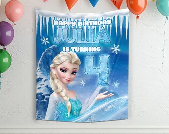 Décoration Fond Photo Anniversaire Reine Des Neiges (Elsa) - Bannière Ronde En Polyester - Neuf Pour Fête D'enfant