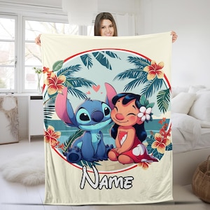 Personalized Disneyland Stitch Fleece Blanket,Disneyworld Custom Lilo & Stitch Blanket,Stitch Cartoon Birthday Blanket,Couple Bedroom NFUS18