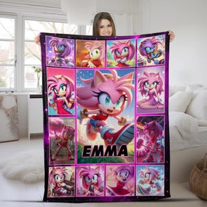 Personalized Cartoon Hedgehog Blanket, Custom Name Amy Rose Blanket, Gift For Kids Birthday C1HU02