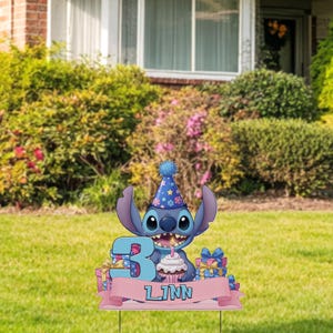 Stitch Birthday Yard Sign Cut Out, Cute Disney Alien Party Lawn Prop, Lilo and Stitch Outdoor Decoration for Kids Birthday NGTU04