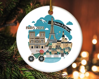 Paris France Christmas Ornament, Personalized Couple Name Ornament, Anniversary, Custom Home Decor Travel Holiday Gift, Couple Gift NEXJ03