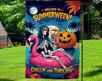 Summery Halloween Flag, Skeleton on Flamingo Float, Spooky Summer Vibes Garden Decor, Unique Outdoor Party Banner, Summerween Garden G5L804